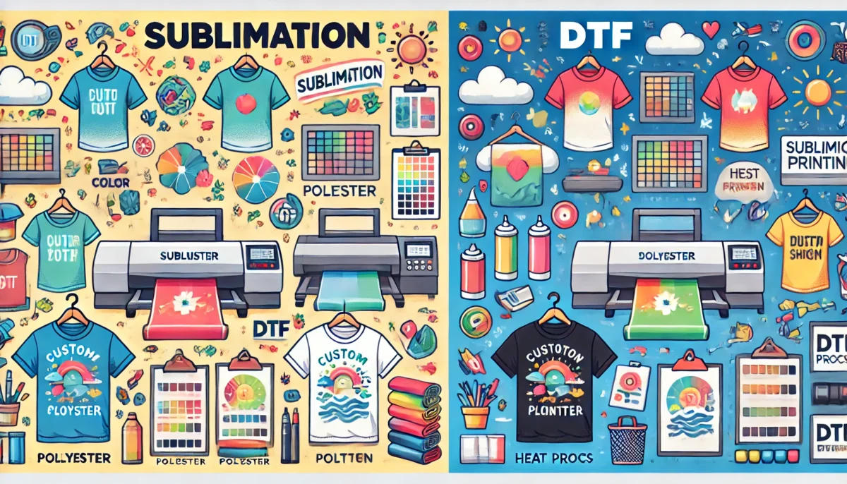 Ilustración comparativa de los procesos de sublimación y DTF para personalizar camisetas. Un lado muestra sublimación en poliéster claro, y el otro muestra DTF en algodón oscuro. Incluye detalles de maquinaria y colores, representando materiales y aplicaciones.