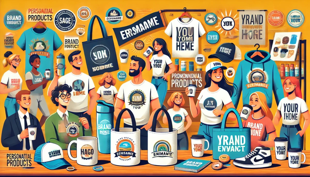 Ilustración con productos promocionales personalizados, incluyendo tazas, camisetas, bolsas y gorras con logotipos, usados por personas en diferentes lugares como cafeterías, gimnasios y eventos de oficina, resaltando su impacto en el marketing.